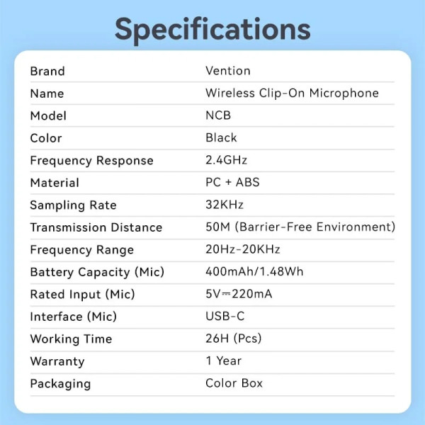 Мікрофон Vention USB Type-C 2-Pack Wireless Lavalier Black (NCBB0)