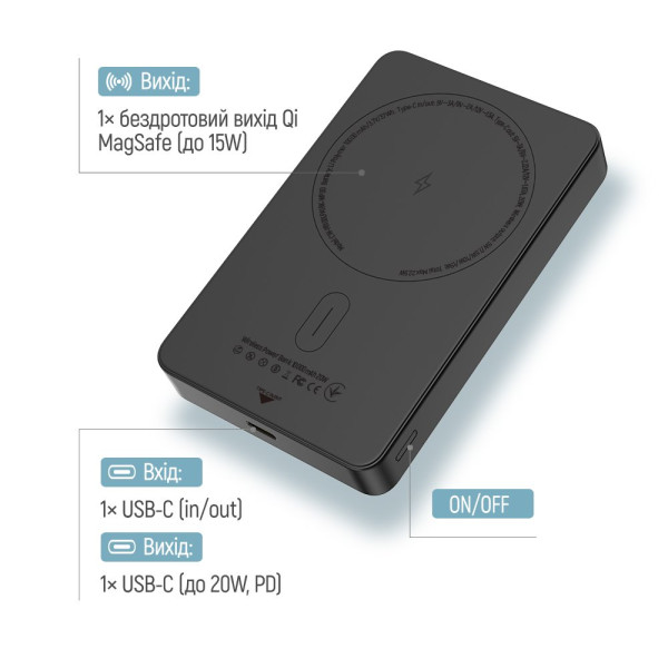 Універсальна мобільна батарея ColorWay 15W MagSafe 10000mAh Black (CW-PB100LPA1BK-WPDD)