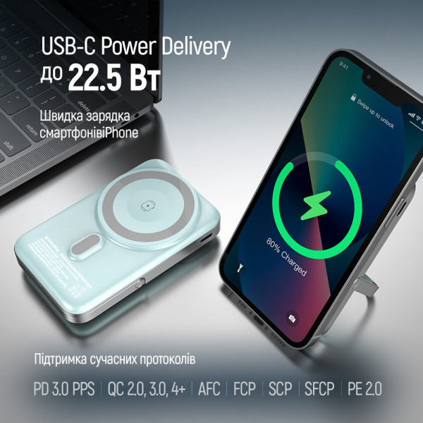 Універсальна мобільна батарея ColorWay 15W MagSafe & Watch Wireless 10000mAh Aquamarine (CW-PB100LPA2MT-WPDD)