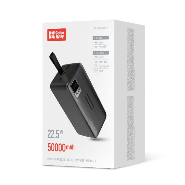 Універсальна мобільна батарея ColorWay Digital Display 50000mAh Black (CW-PB500LPC5BK-PDD)