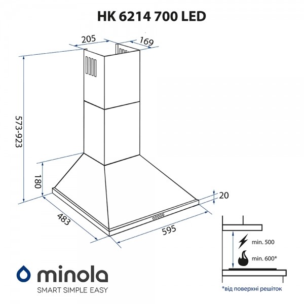 Витяжка Minola HK 6214 I 700 LED нержавіюча сталь